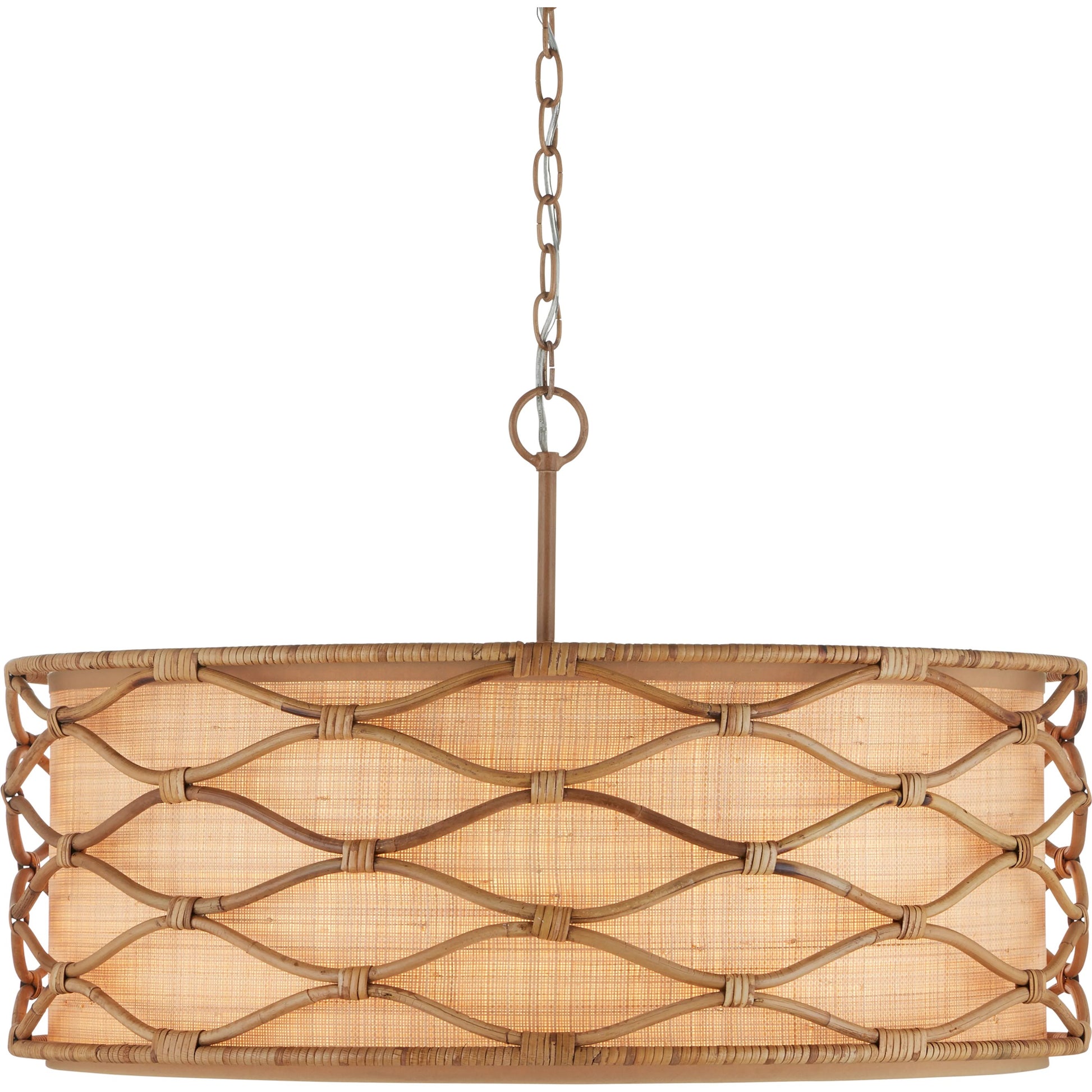 Partita Pendant by Currey and Company in saddle tan, natural. Made from wrought iron, rattan in a modern style.