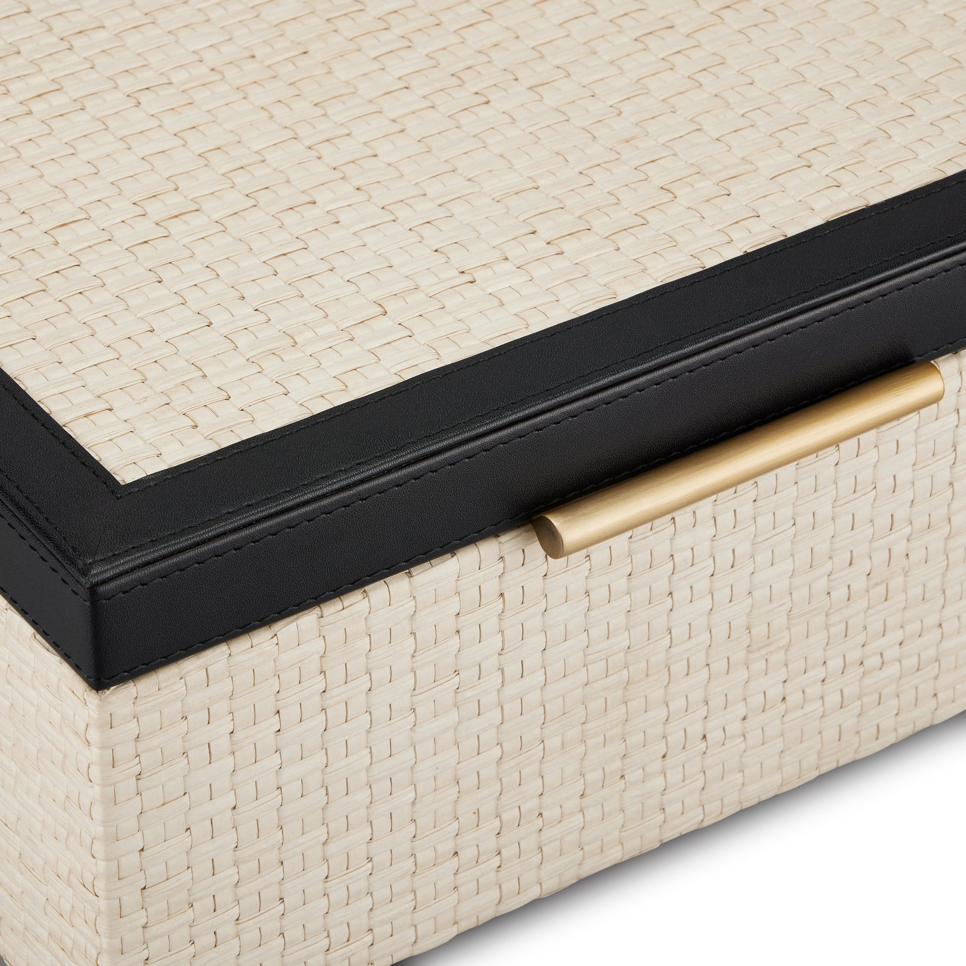 Deanna Box Set by Currey and Company in ivory, black, light antique brass, beige. Made from raffia, leather, brass, microsuede, mdf in a modern style.