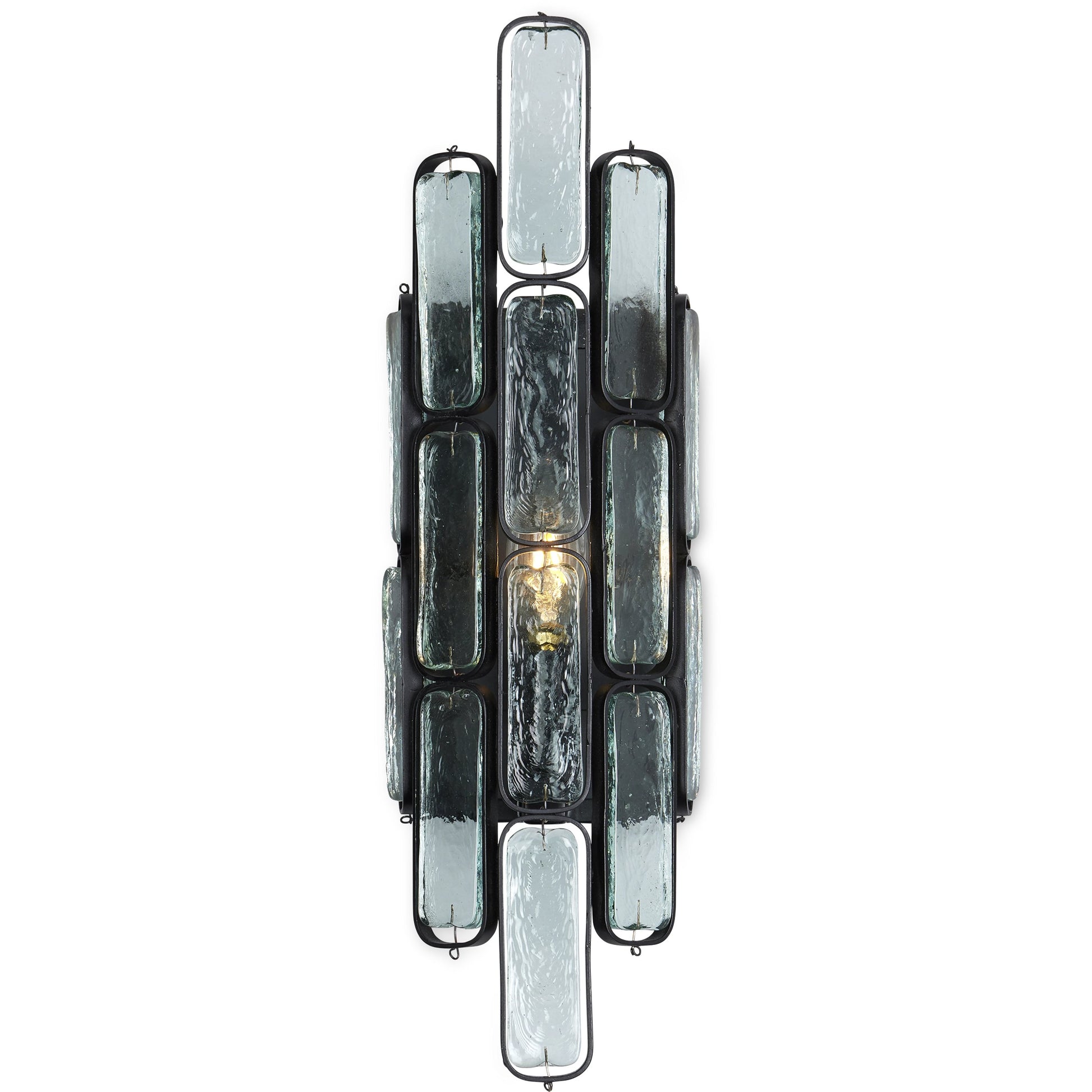 Centurion Recycled Glass Wall Sconce by Currey and Company in clear, satin black. Made from recycled glass, wrought iron in a traditional style.