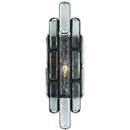 Centurion Recycled Glass Wall Sconce by Currey and Company in clear, satin black. Made from recycled glass, wrought iron in a traditional style.
