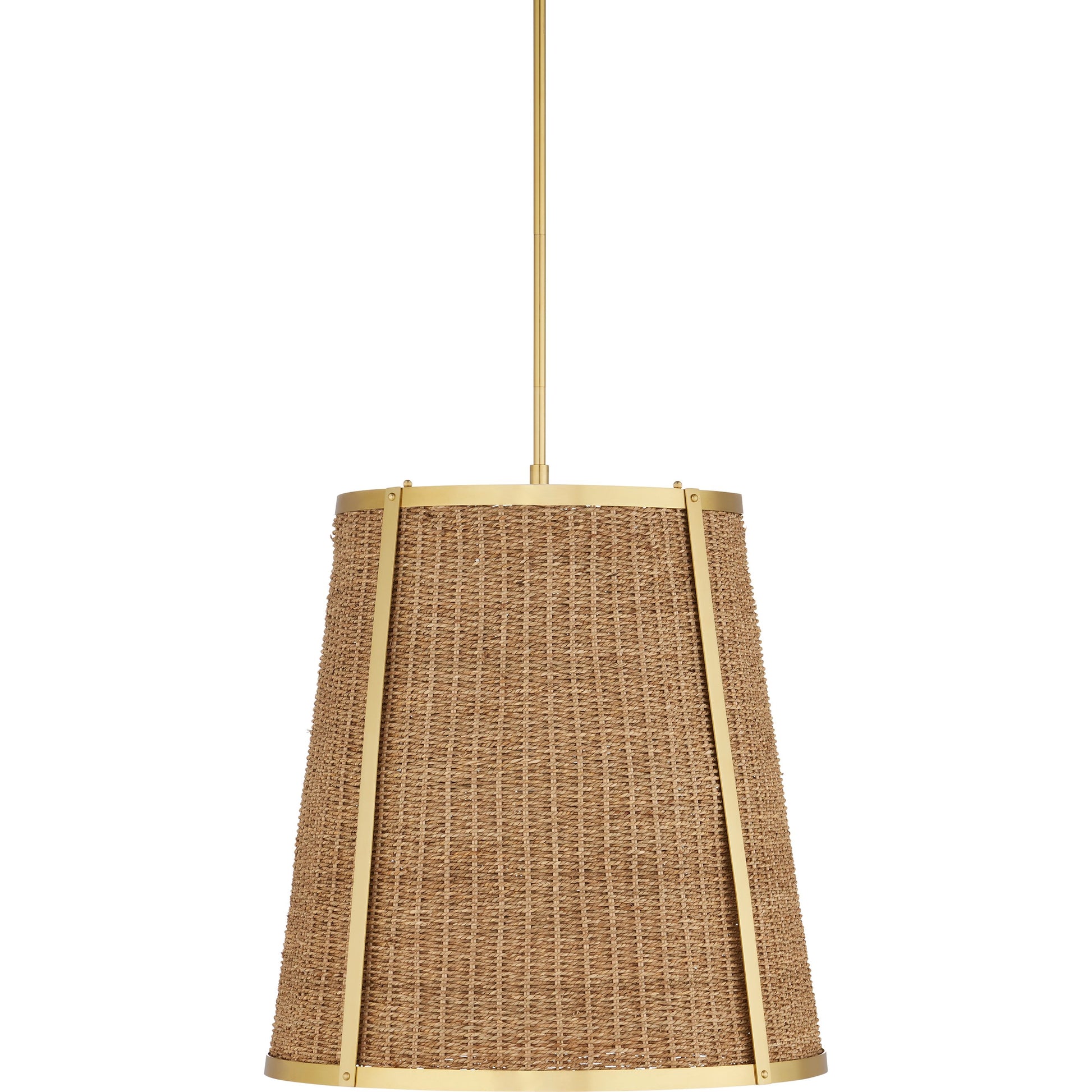 Deauville Pendant by Currey and Company in natural, polished brass. Made from seagrass, metal in a cottage & farmhouse style.