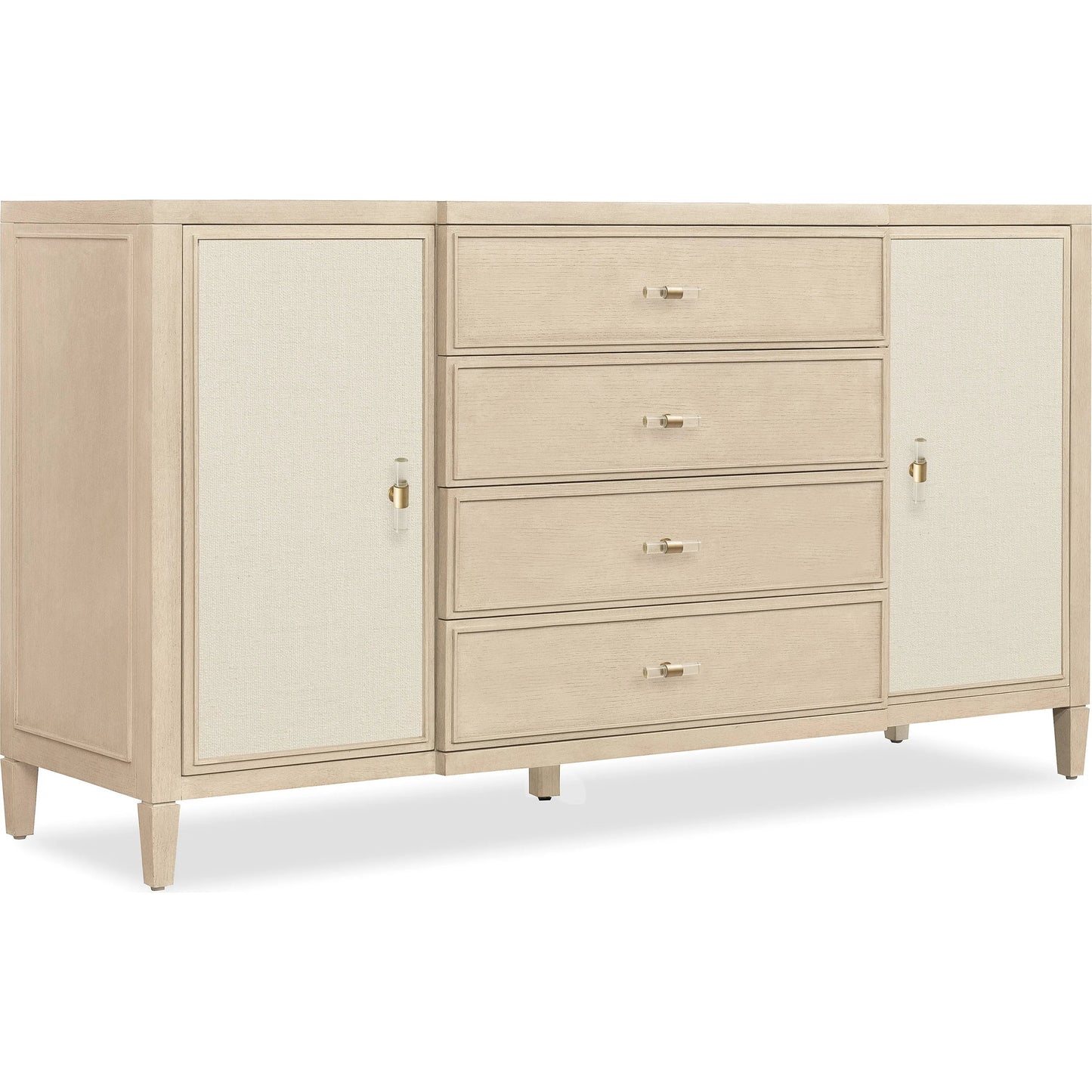 001 SI-2458430 | Primary Silo | Melange Be My Guest Dresser by Hooker Furniture in polished limestone, oak veneers. Made from oak veneers, fabric, 100% polyester in a transitional style.