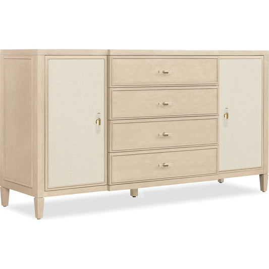 Melange Be My Guest Dresser by Hooker Furniture in polished limestone, oak veneers. Made from oak veneers, fabric, 100% polyester in a transitional style.