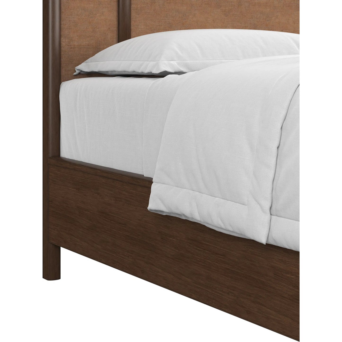 006 SI-2514224,SI-2514225 | Closeup | Verge Woven Bed by A.R.T. Furniture in handcrated walnut. Made from poplar solids, flat cut walnut veneers in a traditional style.