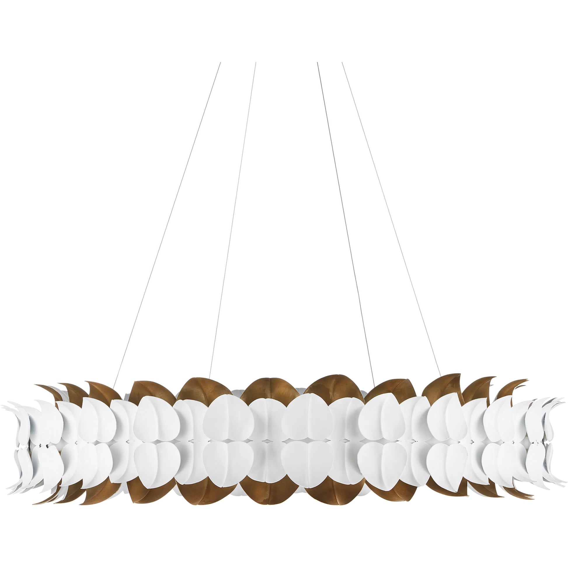 Aventine Chandelier by Currey and Company in gesso white, contemporary gold. Made from wrought iron in a modern style.