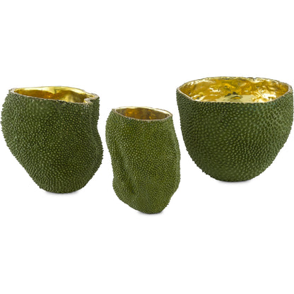 Jackfruit Vase by Currey and Company in green, gold. Made from bronze in a coastal style.