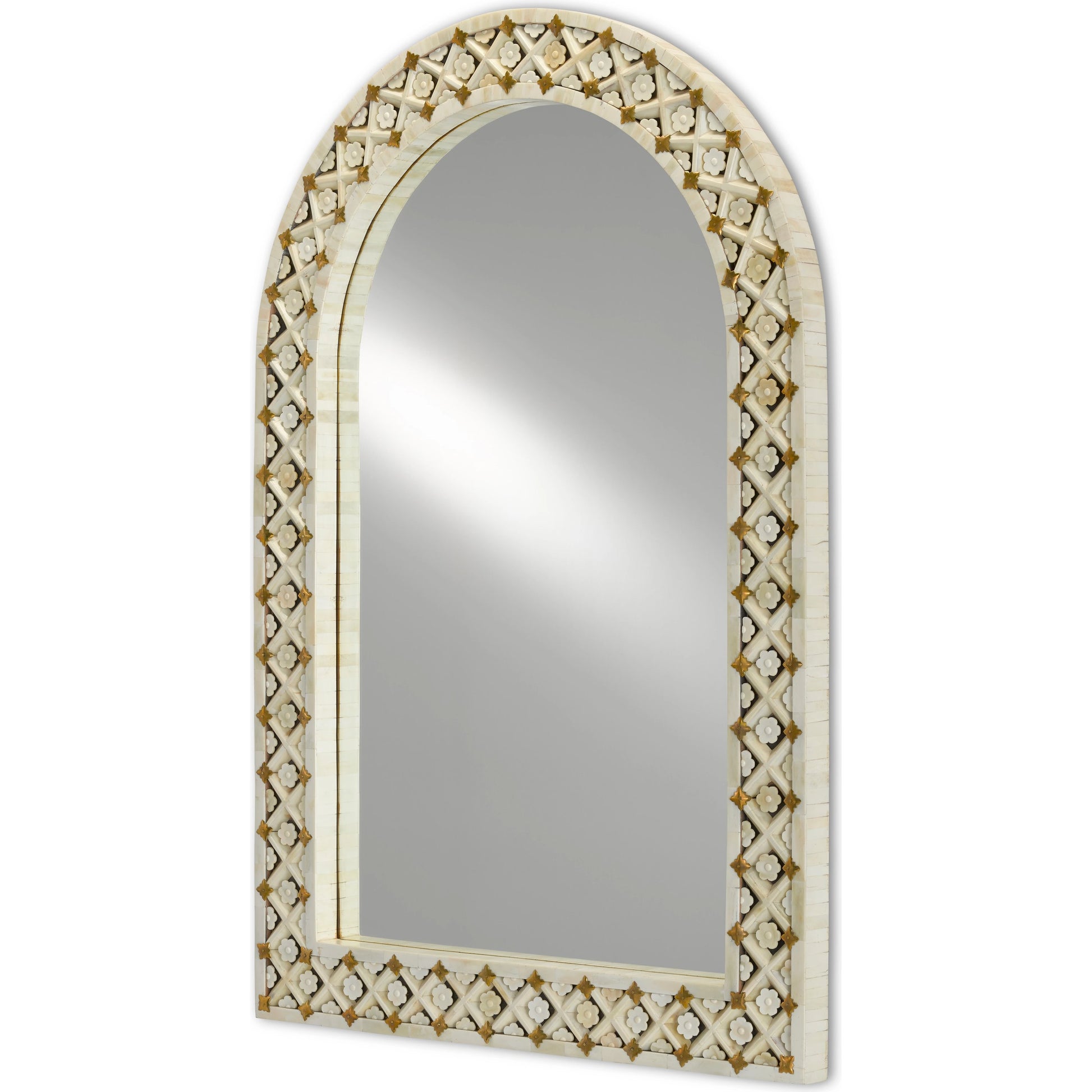 Ellaria Mirror by Currey and Company in natural bone, brass, mirror. Made from bone, brass, glass in a eclectic & global style.