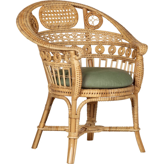 Eugenie Armchair by Currey and Company in natural, green. Made from rattan in a rustic style.