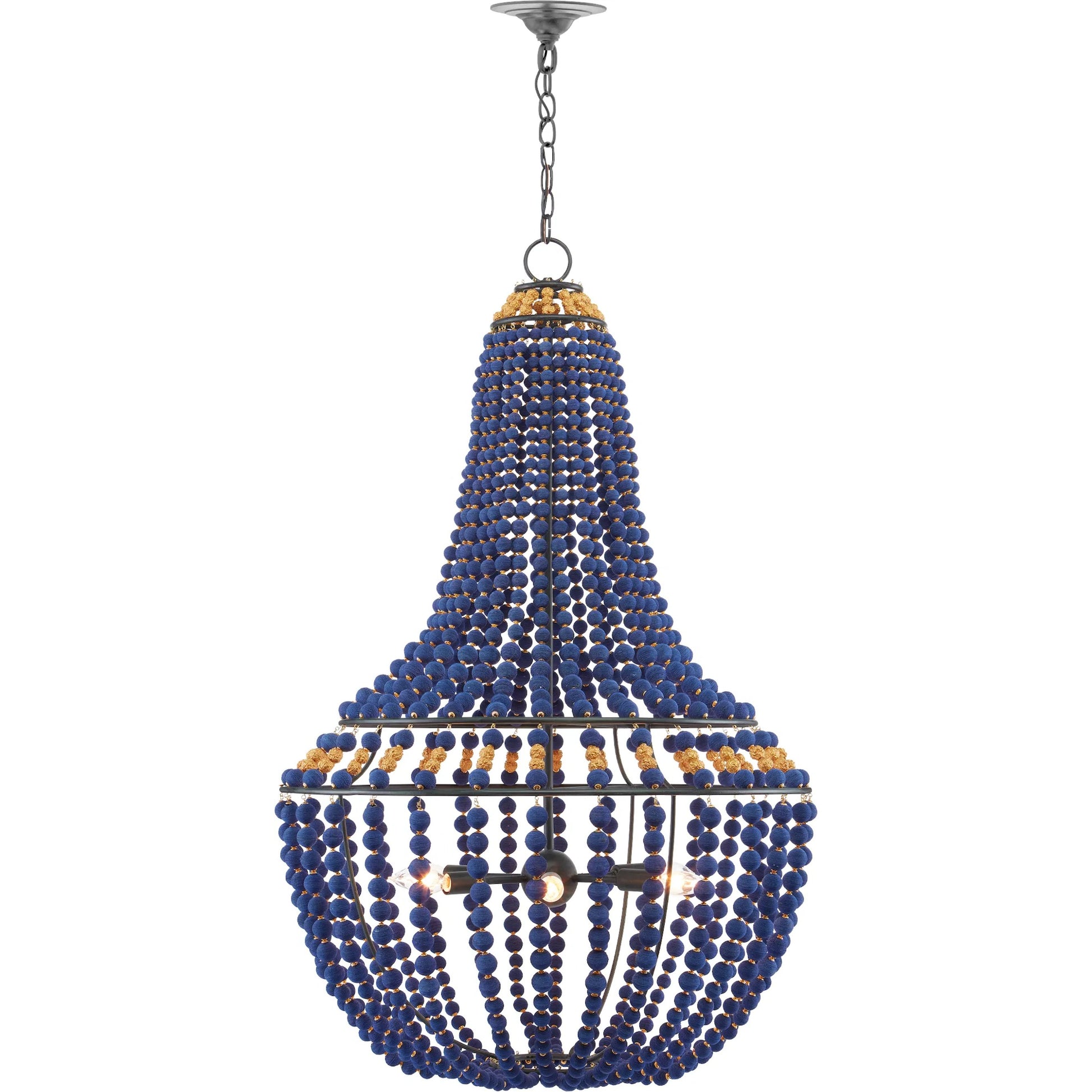 Penelope Chandelier by Currey and Company in beige, antique brass. Made from iron, fabric, brass in a coastal style.