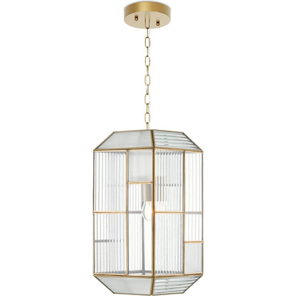 Bardolph Pendant by Currey and Company in antique brass. Made from iron, glass in a transitional style.