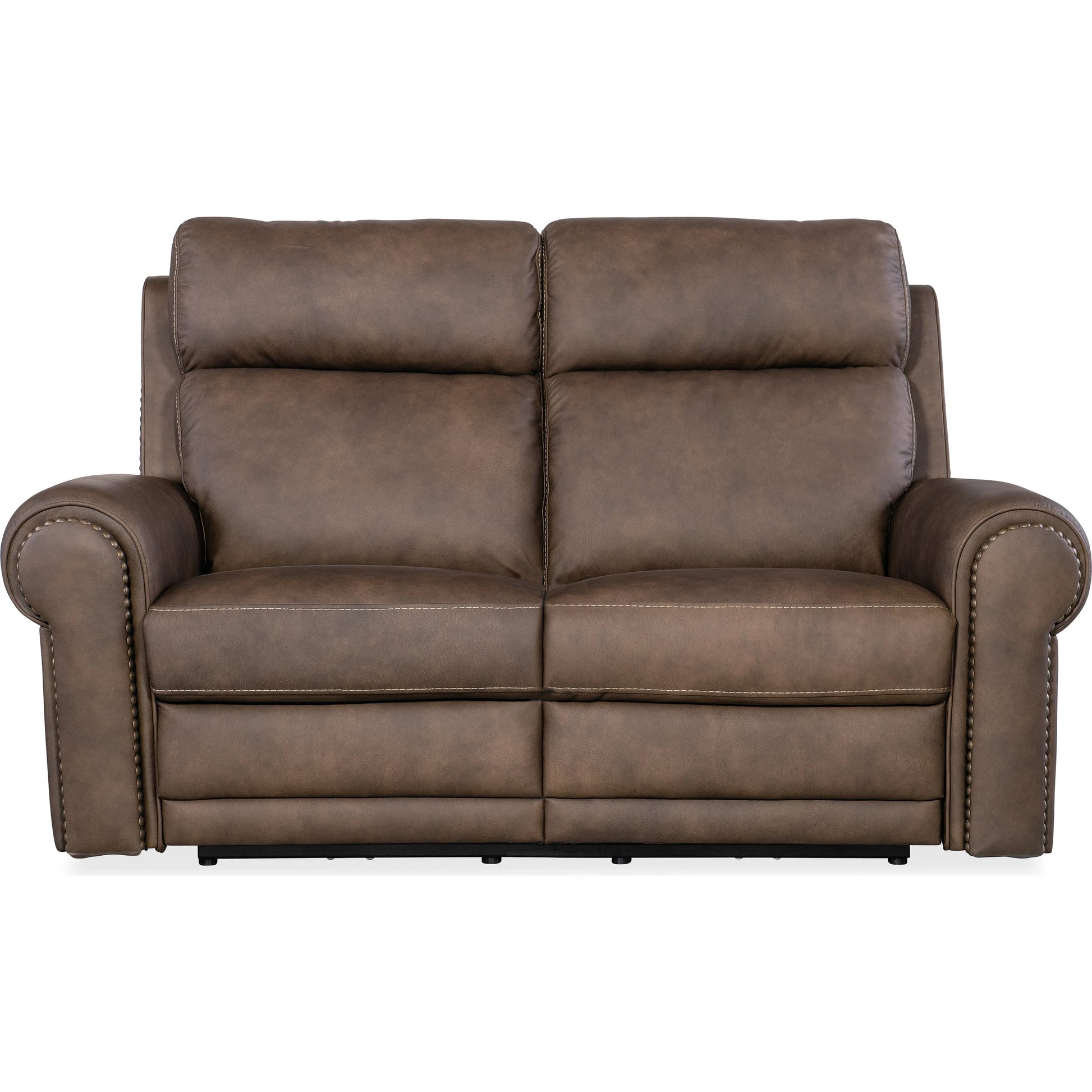 Duncan Power Loveseat by Hooker Furniture in kalahari bark. Made from leather, kalahari bark (semi-aniline top grain with splits) in a traditional style.