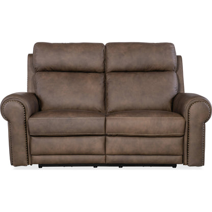 Duncan Power Loveseat by Hooker Furniture in kalahari bark. Made from leather, kalahari bark (semi-aniline top grain with splits) in a traditional style.