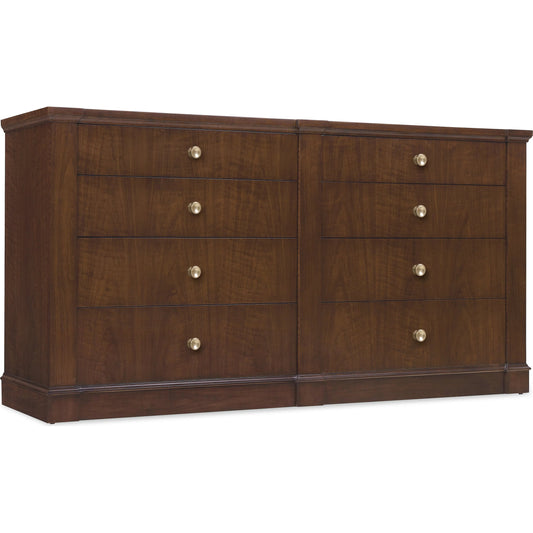 Archives Eight-Drawer Dresser by Hooker Furniture in dark wood and classic walnut. Made from figured walnut veneer, oak veneer, cedar, jewelry tray in a unique style.