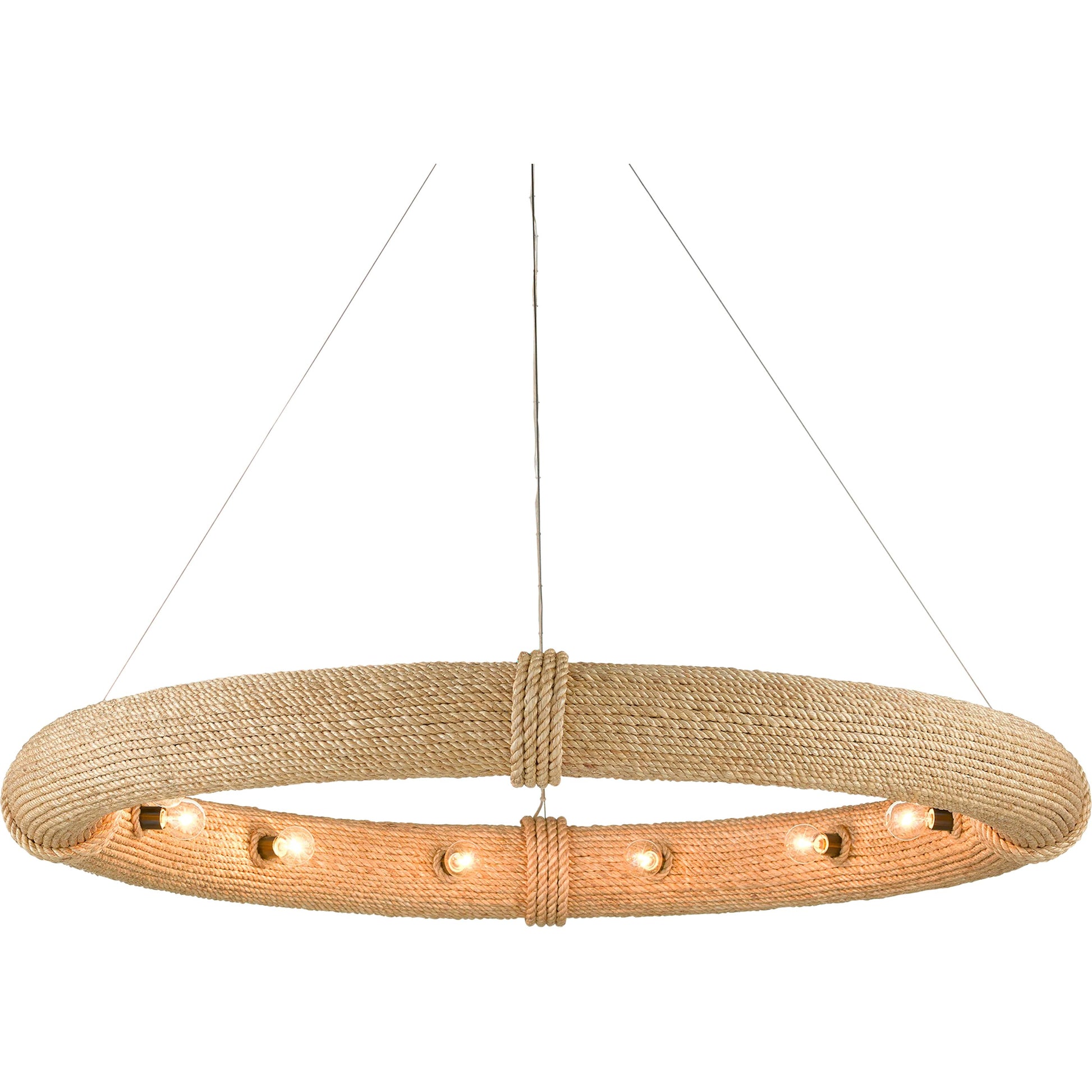 Portmeirion Chandelier by Currey and Company in satin black, abaca rope. Made from wrought iron, abaca rope in a coastal style.