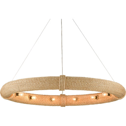 Portmeirion Chandelier by Currey and Company in satin black, abaca rope. Made from wrought iron, abaca rope in a coastal style.