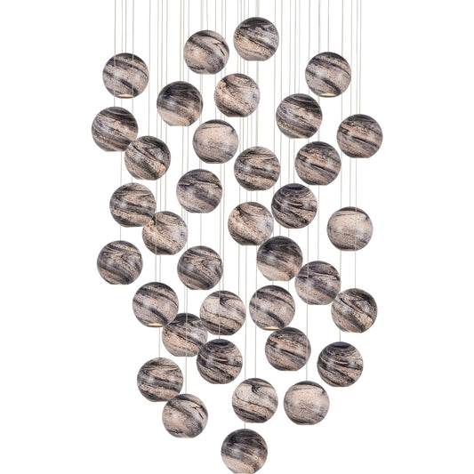 Palatino 36-LIGHT Multi-Drop Pendant by Currey and Company in blue marbeled, silver. Made from earth with speckles, glass in a modern style.