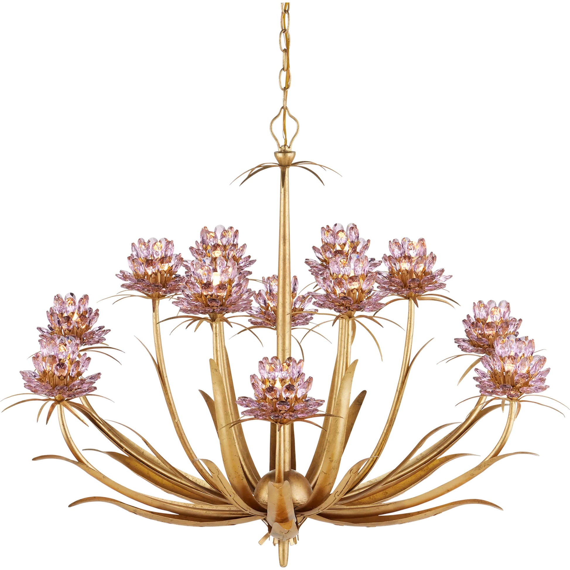 Marilee Chandelier by Currey and Company in pink, dutch gold leaf. Made from crystal, wrought iron in a eclectic & global style.