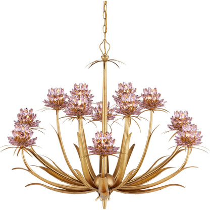 Marilee Chandelier by Currey and Company in pink, dutch gold leaf. Made from crystal, wrought iron in a eclectic & global style.