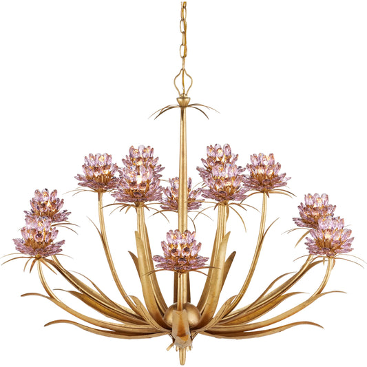 Marilee Chandelier by Currey and Company in pink, dutch gold leaf. Made from crystal, wrought iron in a unique style.