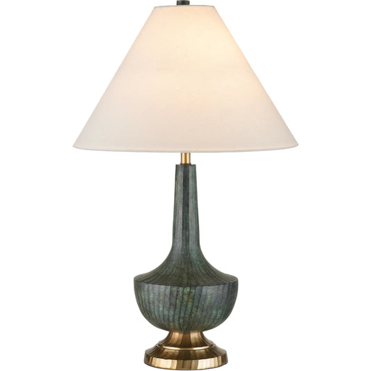 Djinn Table Lamp by Currey and Company in verdigris, antique brass. Made from cast aluminum in a eclectic & global style.