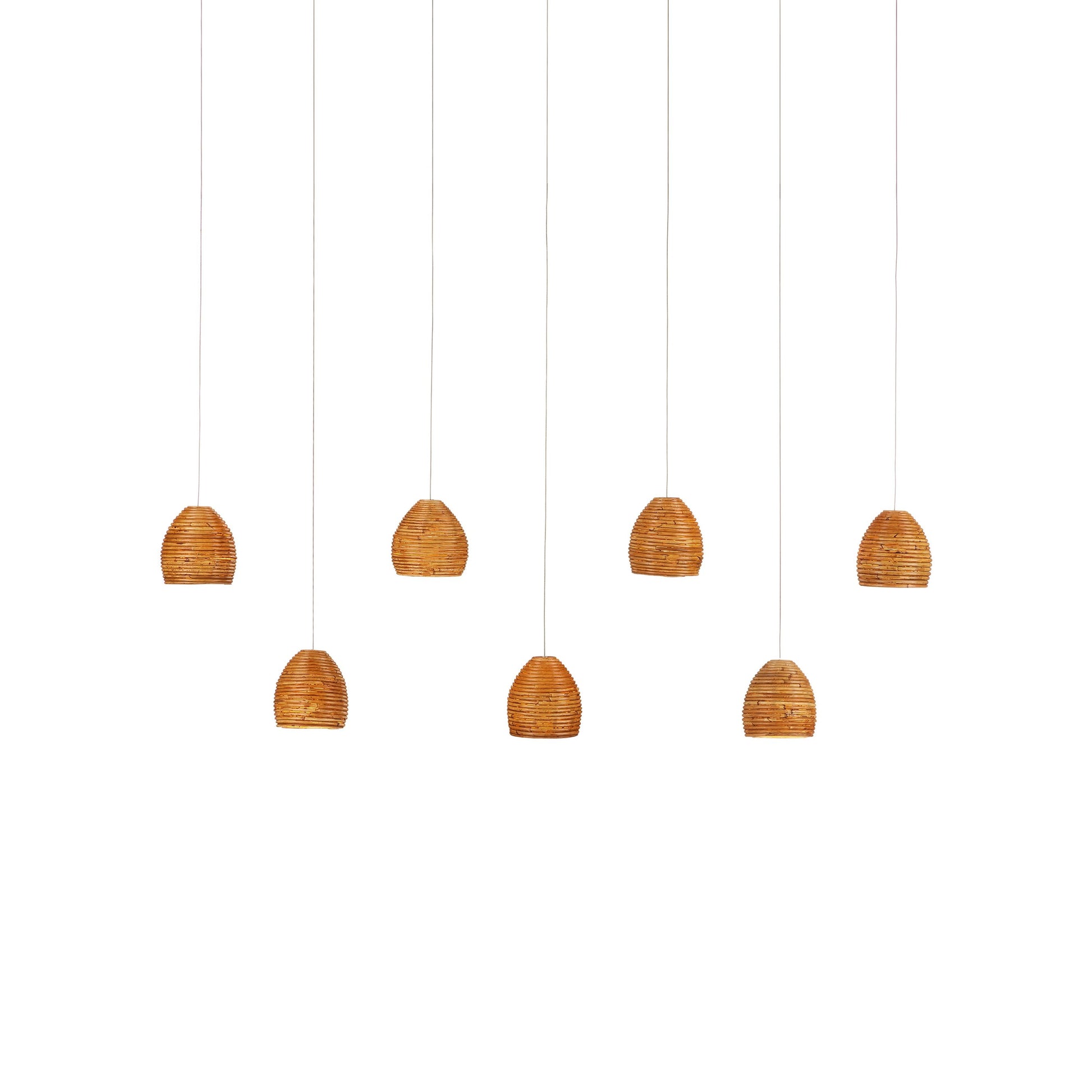 Beehive Rectangular 7-LIGHT Multi-Drop Pendant by Currey and Company in natural rattan, silver. Made from rattan, wood in a modern style.