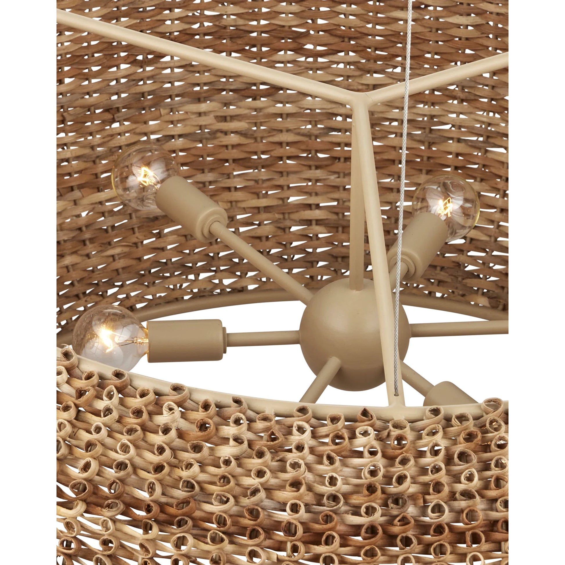 Boucle Chandelier by Currey and Company in natural, beige. Made from rattan, wrought iron in a rustic style.