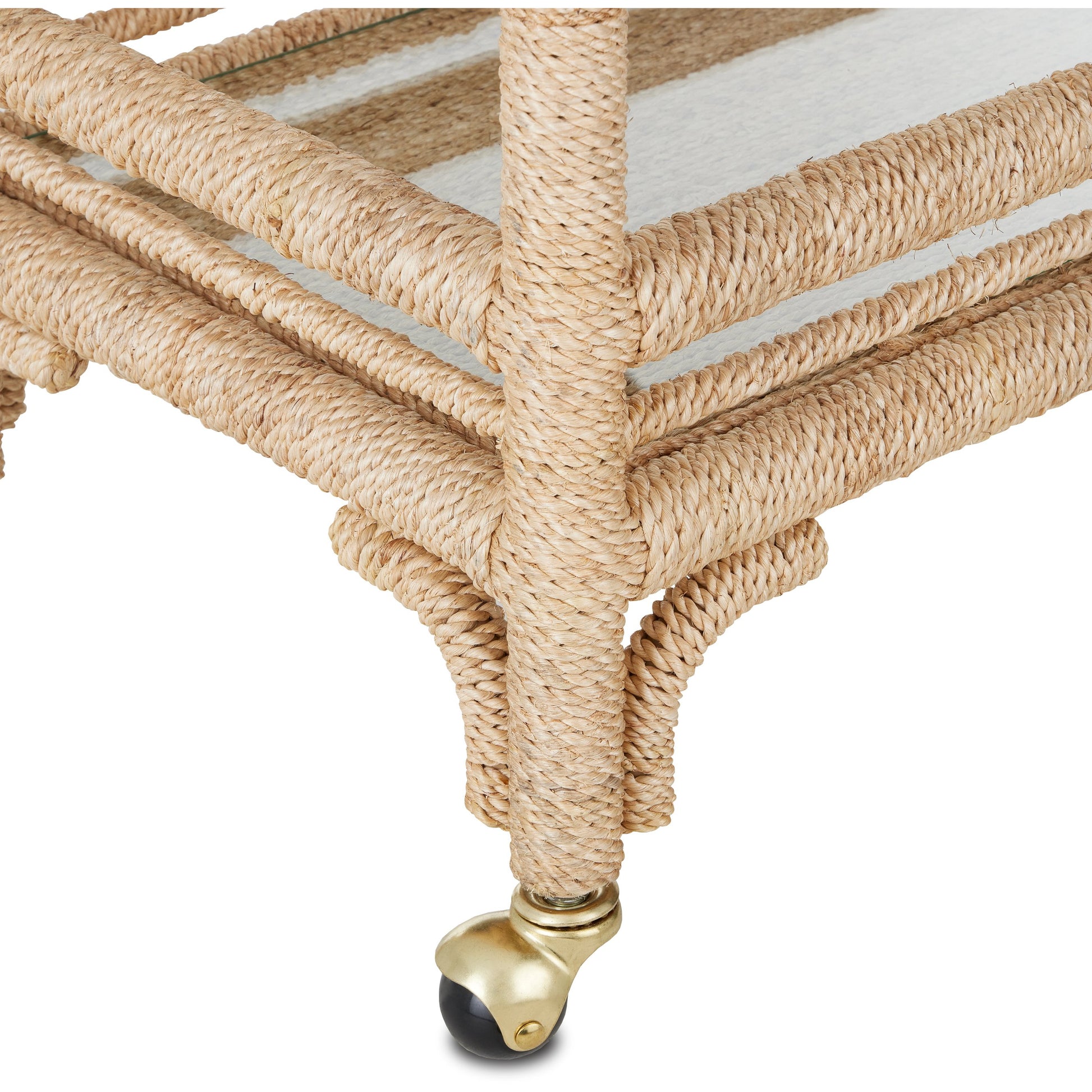 Olisa Bar Cart by Currey and Company in natural, clear. Made from abaca rope, wrought iron, glass in a coastal style.