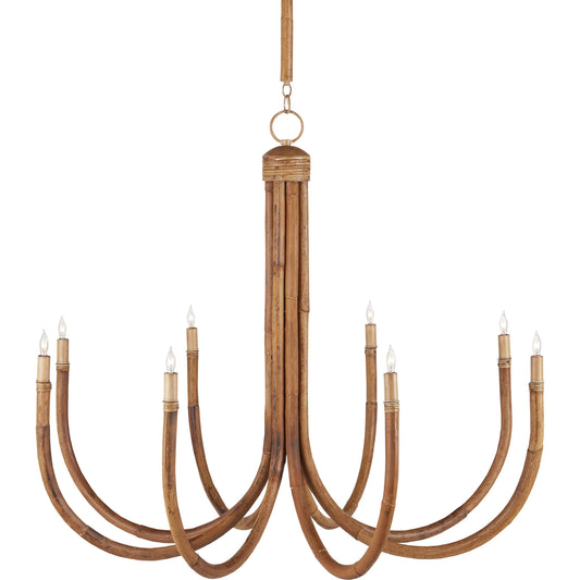 Samsara Rattan Chandelier by Currey and Company in natural, saddle tan. Made from rattan, wrought iron in a coastal style.