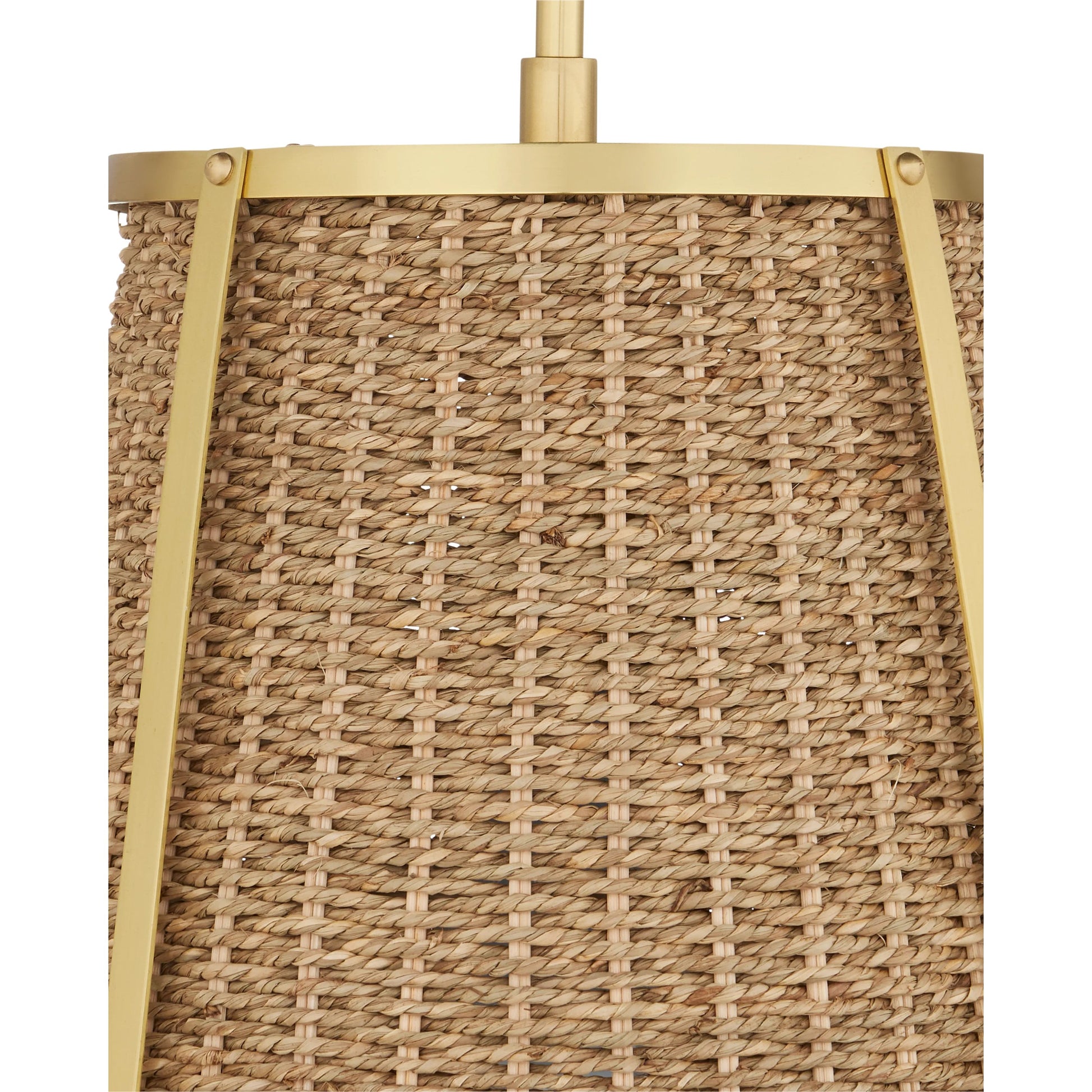 Deauville Pendant by Currey and Company in natural, polished brass. Made from seagrass, metal in a cottage & farmhouse style.