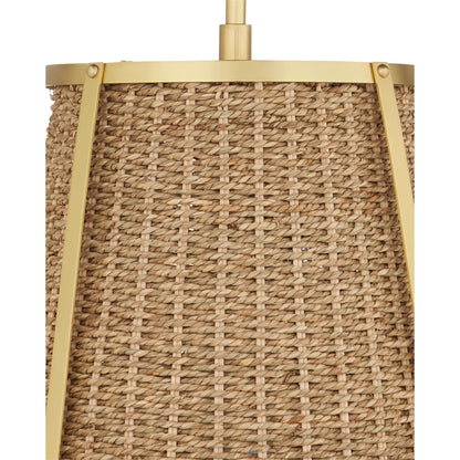 Deauville Pendant by Currey and Company in natural, polished brass. Made from seagrass, metal in a cottage & farmhouse style.