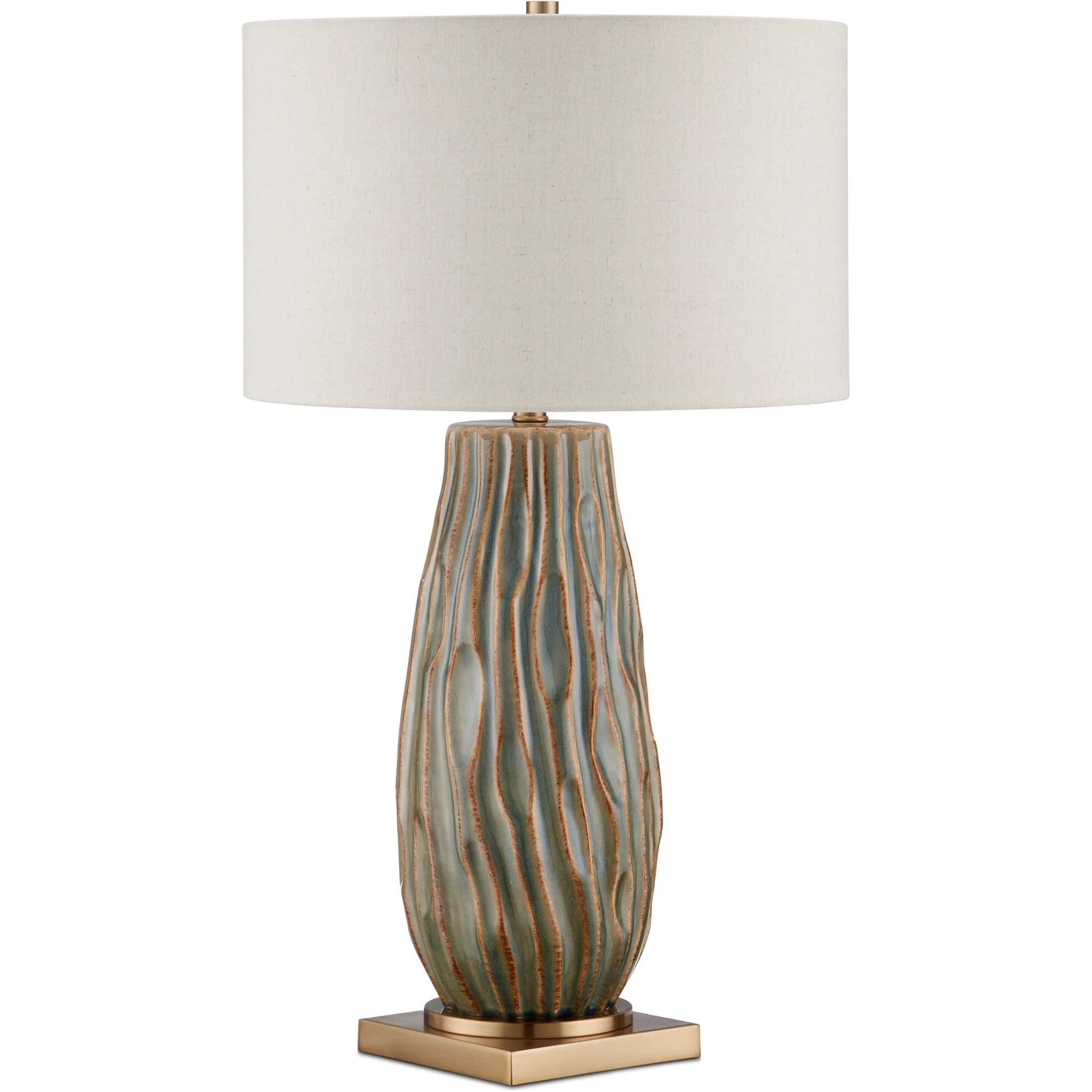 Water-Borne Table Lamp by Currey and Company in forest reactive, antique brass. Made from ceramic, metal in a modern style.