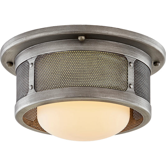 Bauer Flush Mount by Troy in antique pewter. Made from hand worked iron in a unique style.