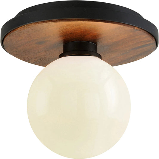 Cadet Flush Mount by Troy in black and natural acacia. Made from hand worked iron in a modern style.