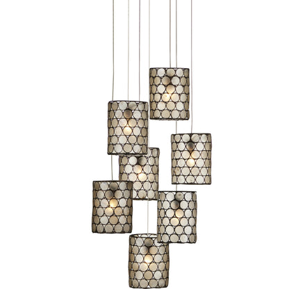 Regatta Round 7-Light Multi-Drop Pendant by Currey and Company in cupertino, silver. Made from cupertino, iron, capiz shell in a modern style.