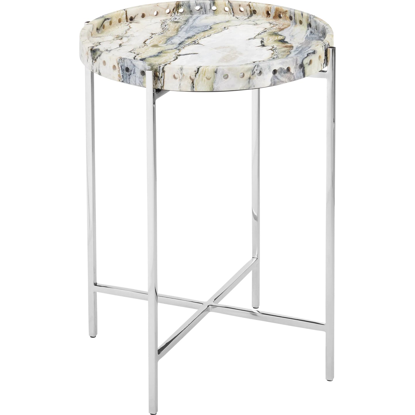 001 SI-2387036 | Primary Silo | Freya Floral Jade Marble Accent Table by Currey and Company in natural, nickel. Made from floral jade marble, iron in a modern style.