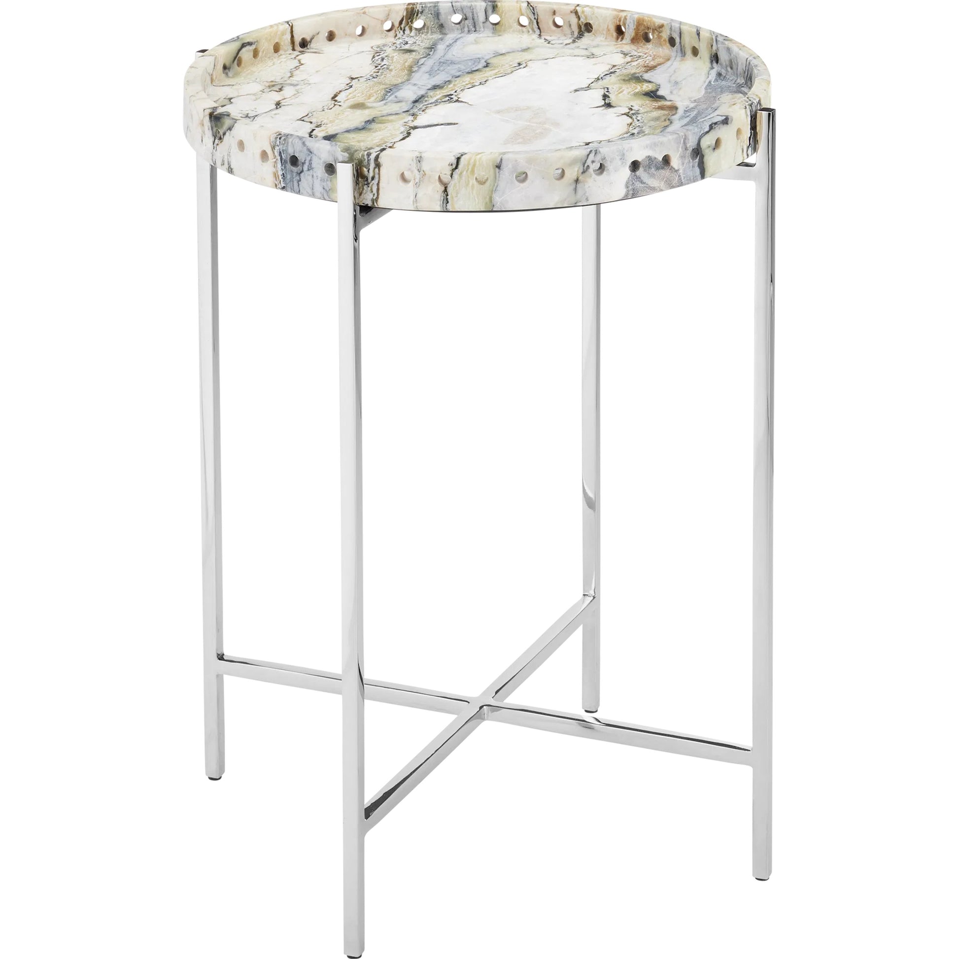 Freya Floral Jade Marble Accent Table by Currey and Company in natural, nickel. Made from floral jade marble, iron in a modern style.