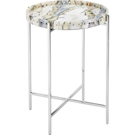 Freya Floral Jade Marble Accent Table by Currey and Company in natural, nickel. Made from floral jade marble, iron in a unique style.