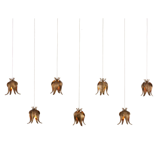 Iota Rectangular 7-LIGHT Multi-Drop Pendant by Currey and Company in antique brass, silver. Made from brass in a modern style.