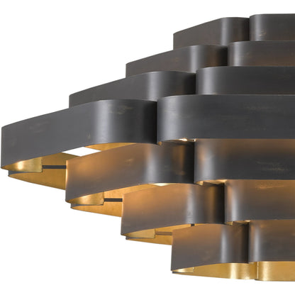 Bailey Chandelier by Currey and Company in french black, contemporary gold leaf. Made from wrought iron in a modern style.