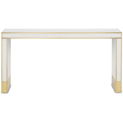 Arden Console Table by Currey and Company in ivory, satin brass. Made from reverse painted glass, brass, solid hardwood in a modern style.
