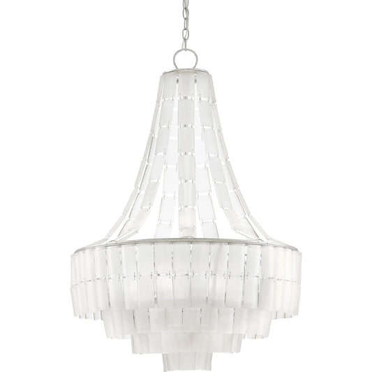 Vintner Blanc Chandelier by Currey and Company in contemporary silver leaf, opaque white. Made from wrought iron, bottle glass in a traditional style.