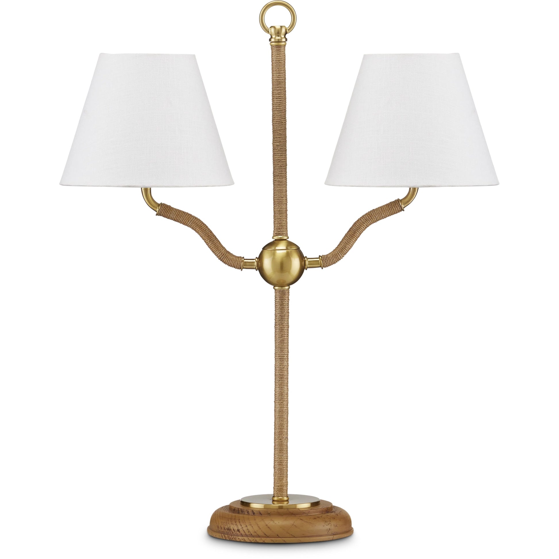 Sirocco Desk Lamp by Currey and Company in natural, antique brass. Made from rope, metal, wood in a modern style.