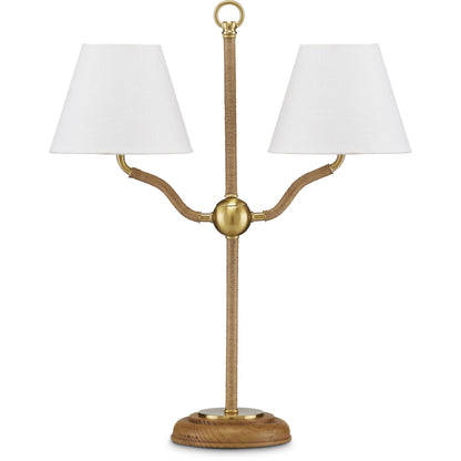 Sirocco Desk Lamp by Currey and Company in natural, antique brass. Made from rope, metal, wood in a modern style.