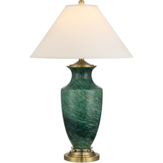 Claude Table Lamp by Currey and Company in green, antique brass. Made from glass, metal in a modern style.
