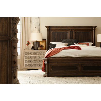 Woodcreek Mansion Bed by Hooker Furniture in saddle brown. Made from white oak veneers with resin in a traditional style.