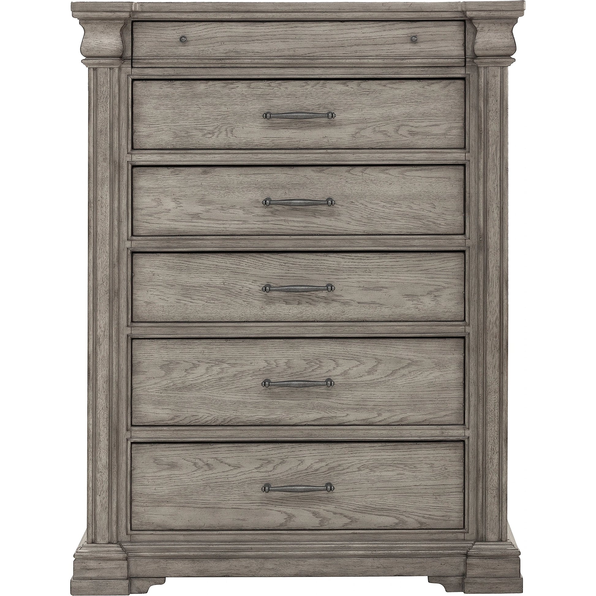Madison Ridge-Drawer Chest by Pulaski Furniture in bluff grey. Made from asian hardwood, oak veneers in a traditional style.