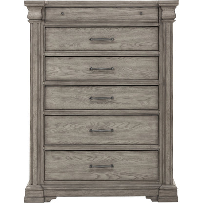 Madison Ridge-Drawer Chest by Pulaski Furniture in bluff grey. Made from asian hardwood, oak veneers in a traditional style.