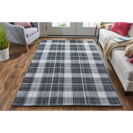 Jemma Transitional Plaid Rug - I8049 by Feizy in black, white, blue. Made from polyester in a unique style.