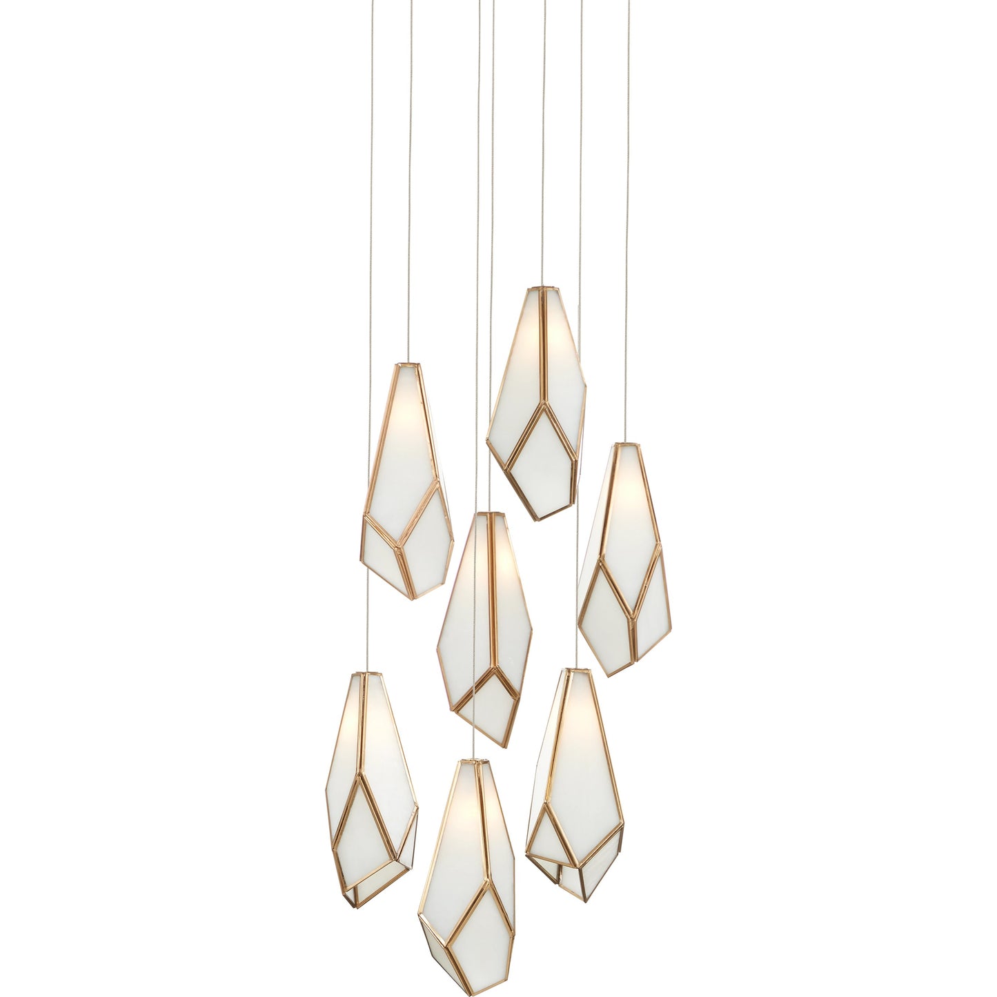 001 SI-1923931 | Primary Silo | Glace Round 7-LIGHT Multi-Drop Pendant by Currey and Company in white, antique brass, silver. Made from glass, iron in a modern style.