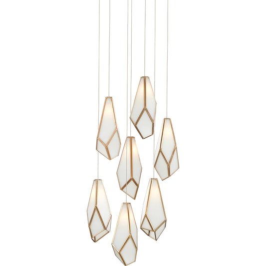 Glace Round 7-LIGHT Multi-Drop Pendant by Currey and Company in white, antique brass, silver. Made from glass, iron in a modern style.